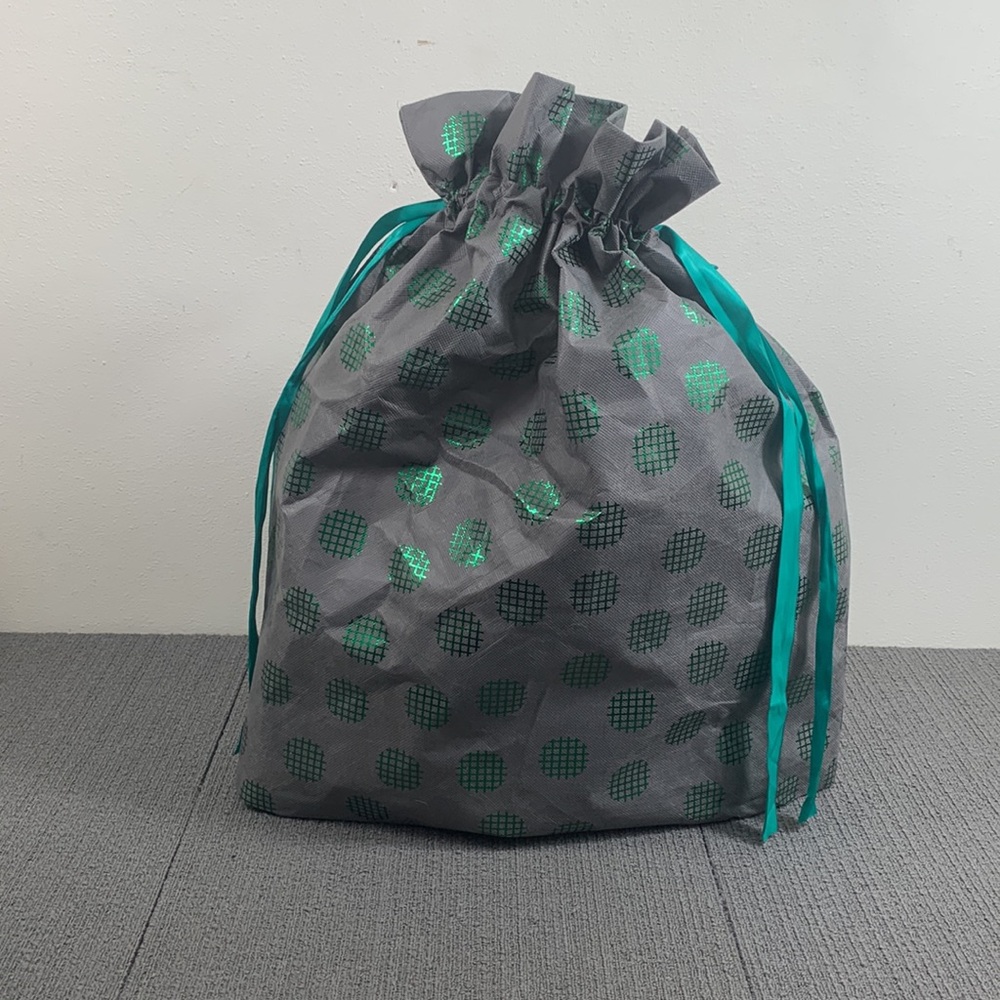 Fabric Gift Bag XL Gray Metallic Green Drawstring Satin Ribbon Polybag 24x11x25